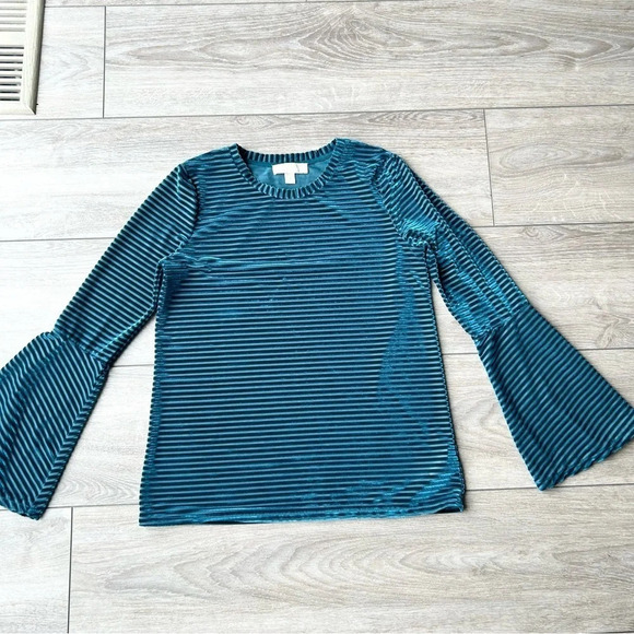 Michael Kors Turquoise Velvet Stripe Flutter  Sleeve Top - Picture 5 of 14